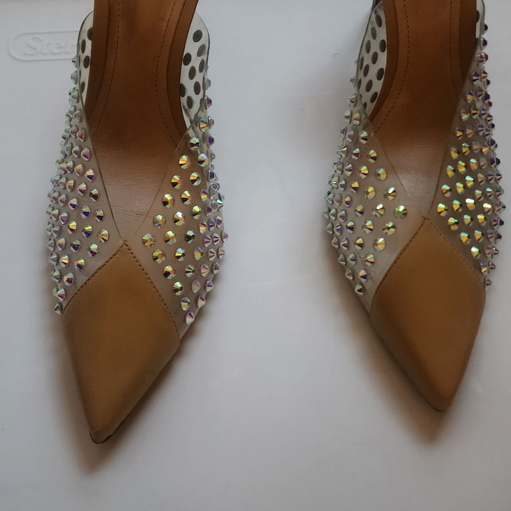 Schutz Tan and Silver Studded Women's Heels - Picture 6 of 8